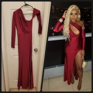 Marroon birthday dress with long leg slit.